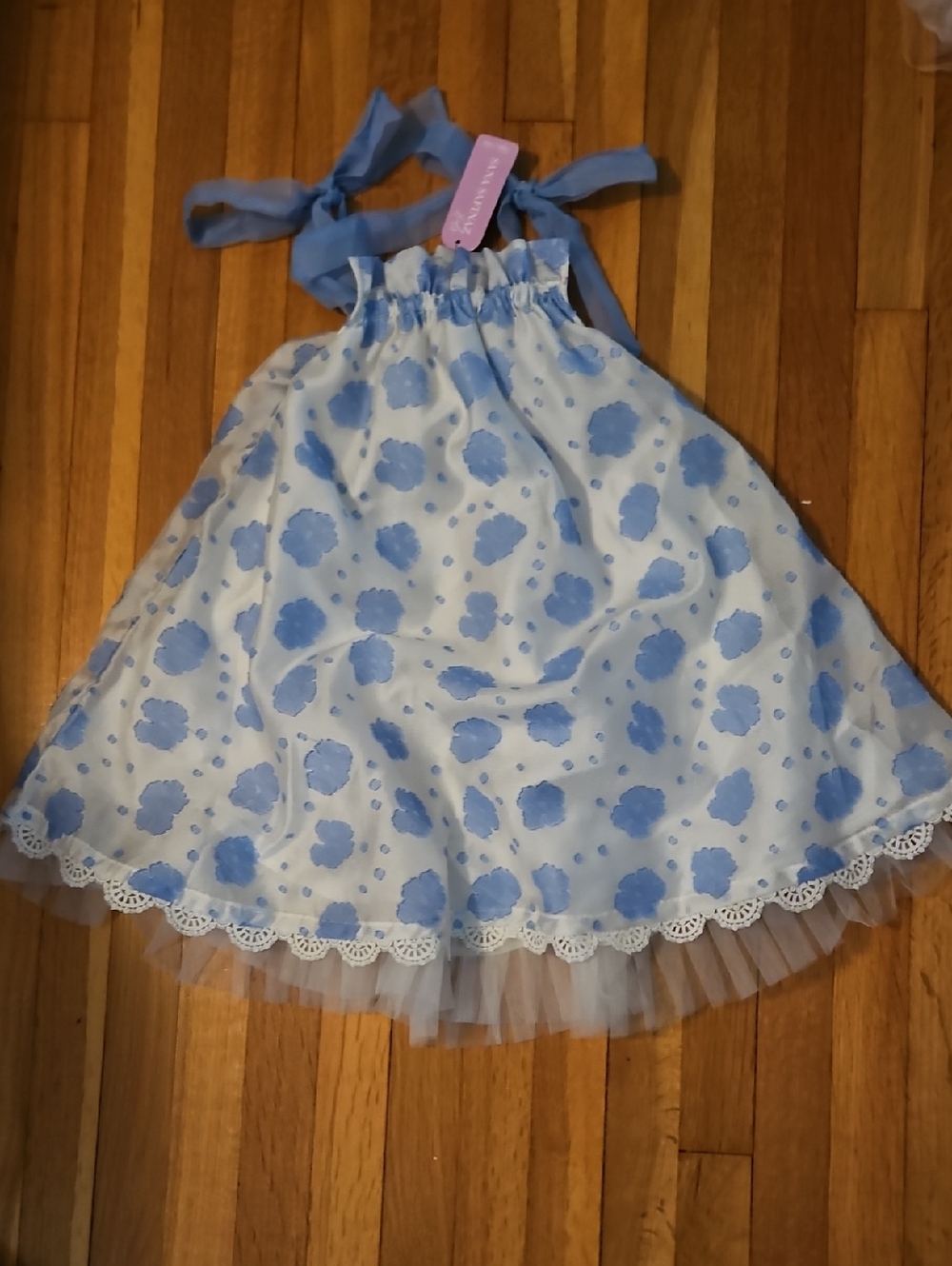 NWT Blue Floral Halter Kids Dress with Lace Trim